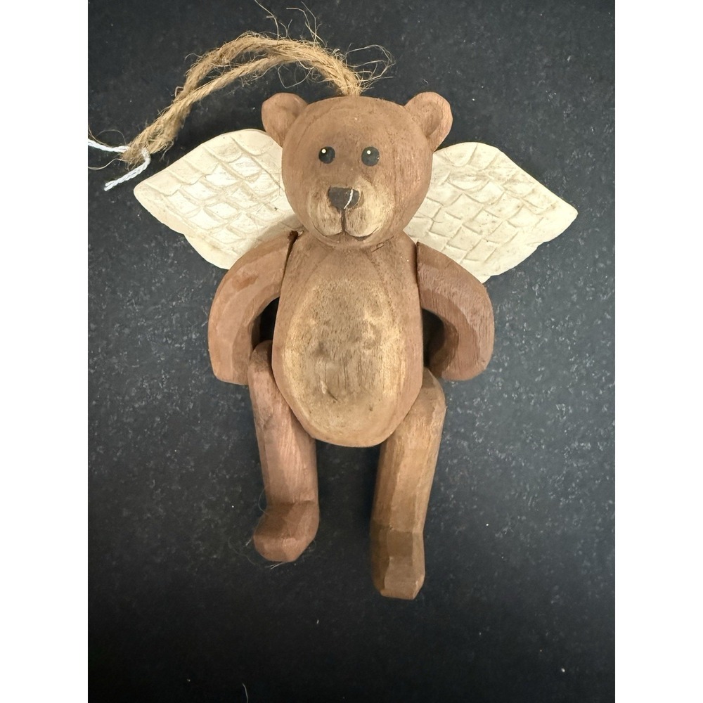 Vintage Wooden Hand-Carved Angel Teddy Bear Figure With‎ Jointed Limbs